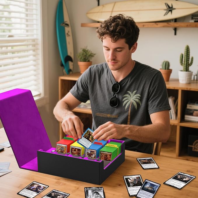 4 Row Trading Card Storage Box, 3200+ MTG Card Storage, Black & Purple | TCG Card Organizer Box with 24 Colorful Dividers and 4 Stands, Bulk PKM Storage, Deck Case Holder Fits for YuGiOh, Game Cards - Image 5