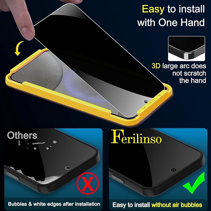 Ferilinso 3 Pack Privacy Screen Protector for Samsung Galaxy S24 | 9H+ Tempered Glass, Military-Grade Shatterproof, HD, Case Friendly, Easy Installation Bubble Free, with Camera Lens Protector - Image 3