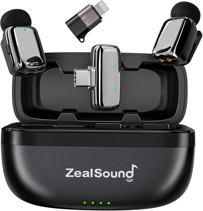 ZealSound Mini Wireless Lavalier Microphone for iPhone iPad Android, Dual Channel Wireless Microphones with Noise Cancellation, Mute & Volume Control, 33H Battery Case, USB-C & Lightning Plug & Play by zealsound