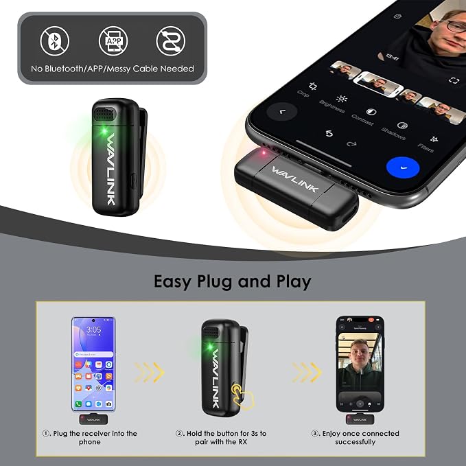 WAVLINK Wireless Lavalier Microphone for iPhone 16/15/14/13/12 Android Vlog, Clip on Lapel Mic System & Lightning & USB-C Inputs & Battery Case for YouTube Facebook Live, Video Recording(1*TX+1*RX) - Image 2