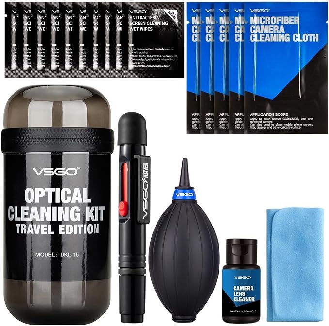 VSGO Camera Lens Cleaning Kits: Lens Cleaner, Lens Cleaning Pen, Microfiber Lens Cleaning Cloth, Air Blower, Wet Wipe, Suede Screen Cloth and Waterproof Bottle Container, Black (DKL-15) by VSGO
