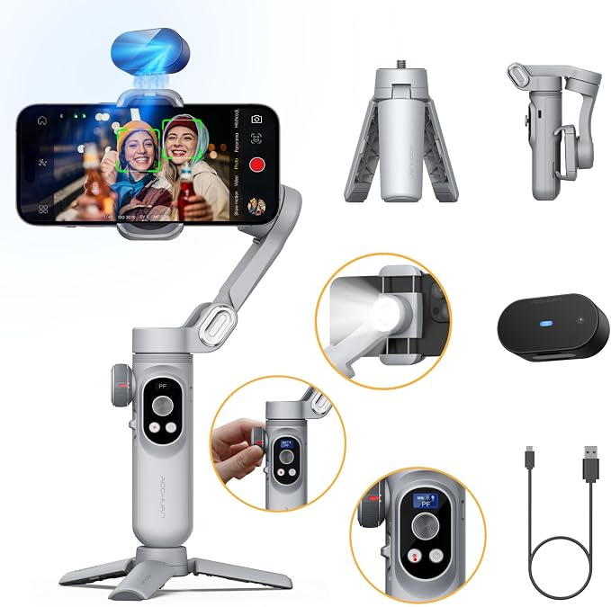 AOCHUAN 3-Axis Phone Gimbal, Gimbal Stabilizer for iPhone w/AI Vision Sensor, Portable for iPhone/Andriod, Phone Stabilizer Built in Fill Light Perfect for TikTok YouTube-Smart XPro AI Grey by AOCHUAN