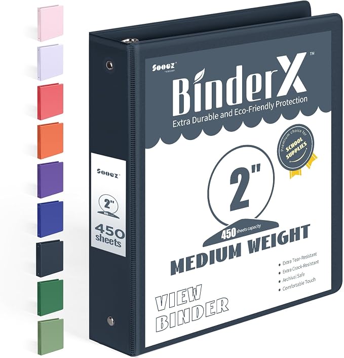 BinderX Extra Durable 3 Ring Binder, Round Rings 2 Inch Binder | Fits 450 Sheets of 8.5x11 Paper, Customizable View Cover with Inside Pockets, Cute 2" Binders, 2 Inch 1 Pack, Dark Blue by Sooez