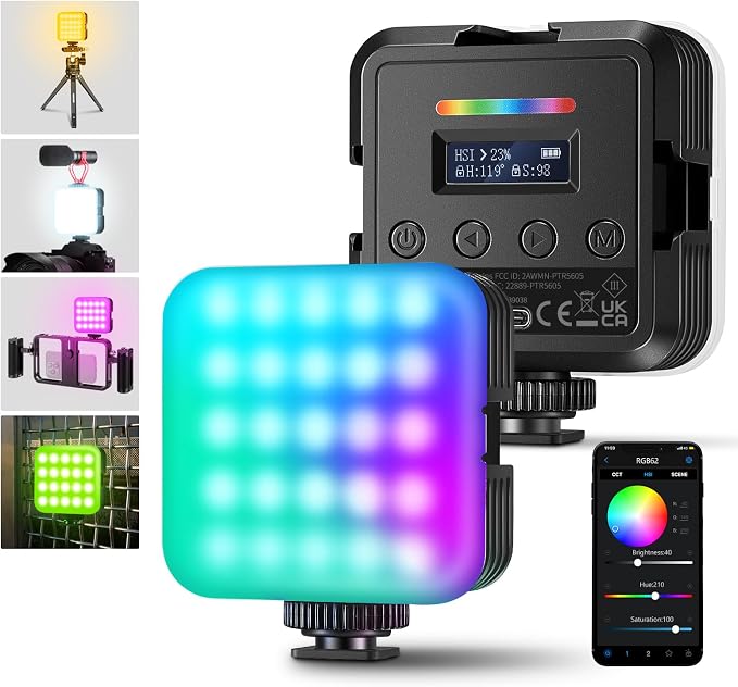 NEEWER RGB62 Magnetic RGB Video Light with APP Control, 2 Pack 360° Full Color LED Camera Light with 3 Cold Shoes CRI97+ 2500K-8500K 17 Scenes 2000mAh Rechargeable Portable Photography Selfie Lighting by Neewer