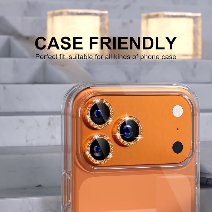 Choiche for iPhone 17 Pro/iPhone 17 Pro Max Camera Lens Protector | Ultra HD, Bling 9H Tempered Glass Camera Cover Screen Protector Metal Ring Decoration Accessories (Glitter-Orange) - Image 5
