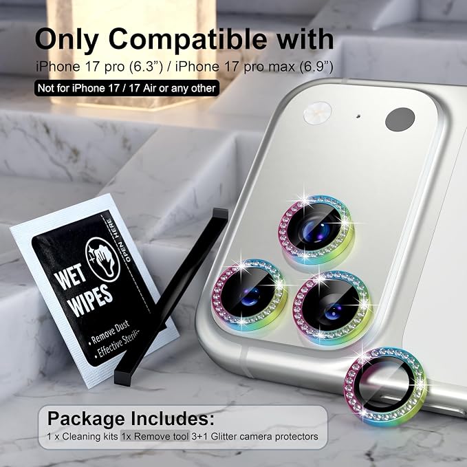 Choiche for iPhone 17 Pro/iPhone 17 Pro Max Camera Lens Protector | Ultra HD, Bling 9H Tempered Glass Camera Cover Screen Protector Metal Ring Decoration Accessories (Diamond-Colorful) - Image 2