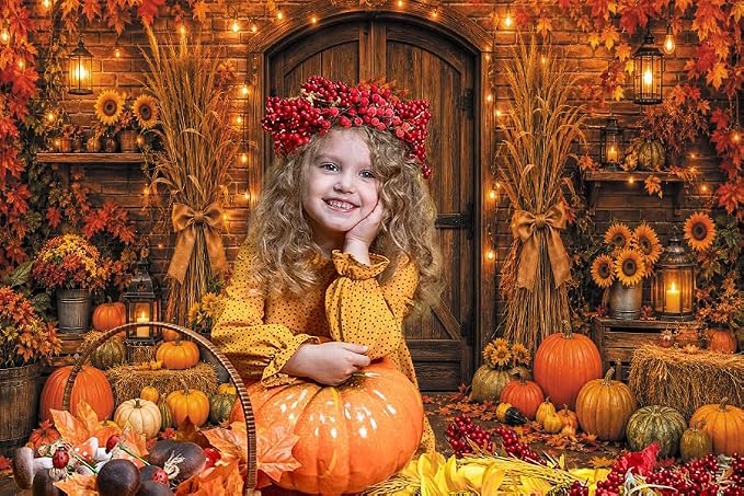 Rustic Barn Wooden Door Fall Backdrop 10x10ft Brick Wall Maple Leaf String Light Thanksgiving Background Pumpkin Sunflower Haystack Harvest Autumn Famliy Party Decorations Vinyl - Image 5