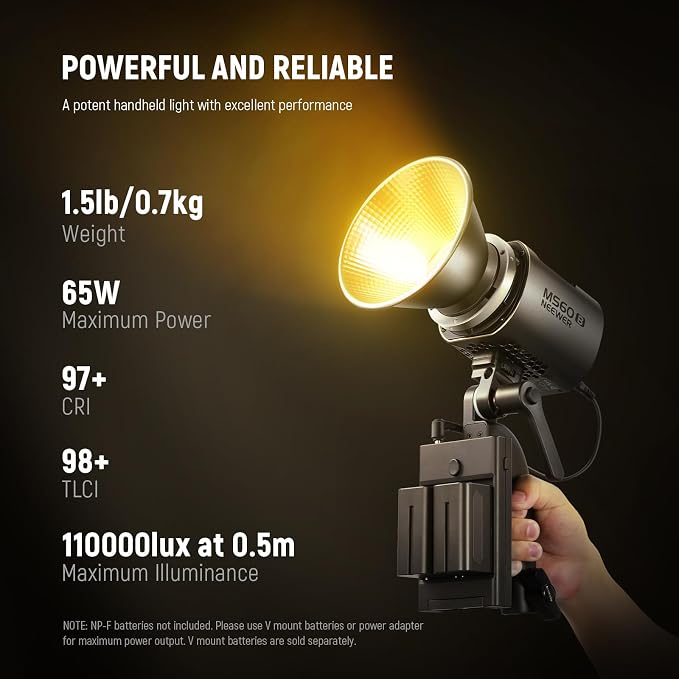 NEEWER MS60B LED Video Light 2.4G/APP Control, 65W Metal Mini Compact COB Continuous Output Lighting Spotlight 2700K-6500K, 40000lux@1m, CRI 97+/TLCI 98+, 12 Effects, PWM Dimming, Bowens Mount, Silver - Image 2