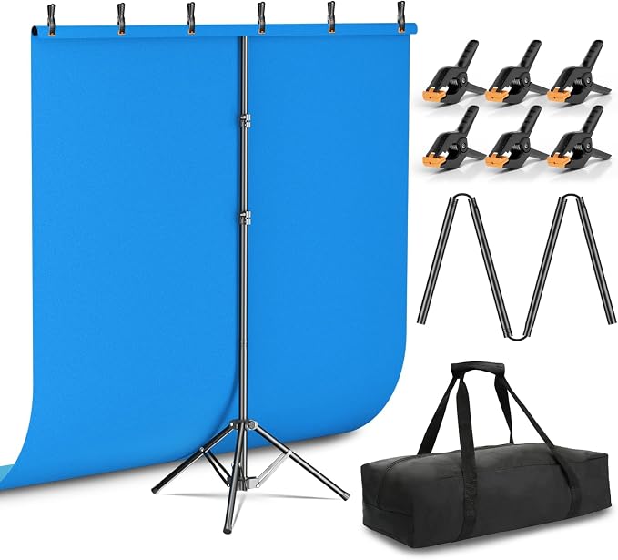 Emart 5x6.5ft Blue Screen Backdrop Kit with T-Shape Stand and 6 Clamps | Reverse folding base for easy storage & transport，perfect for Photography, Photoshoot, Studio Video Recording, Streaming by EMART