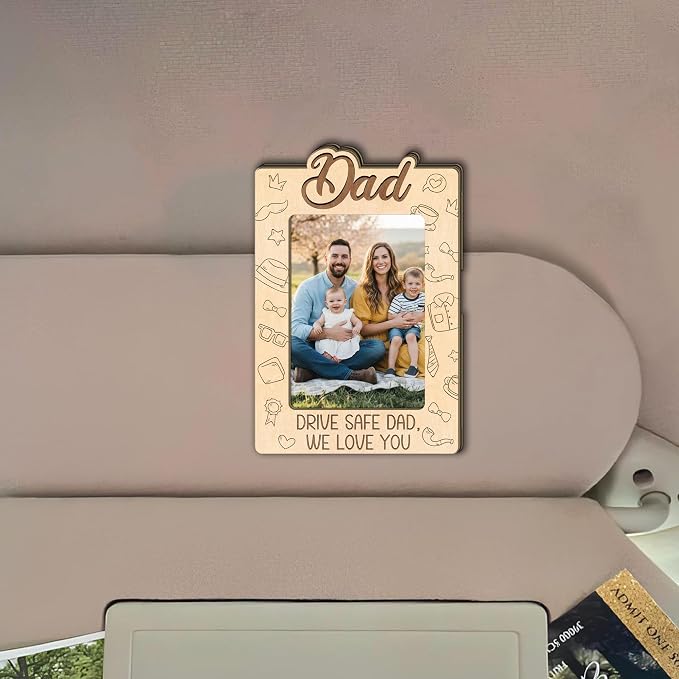 Personalized Dad Car Visor Clip Picture Frame, Daddy Photo Frames, Car Wooden Picture Holder for Father, Gift for Daddy Car Accessories, Drive Safe Dad Visor Clip, We Love You by TRUMPETIC
