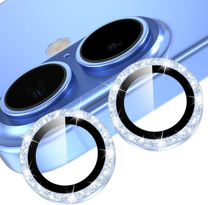 YWXTW Camera Lens Protector for iPhone 17, Individual Bling Glitter Metal Ring Tempered Glass Camera Screen Protector for iPhone 17 Accessories, Case Friendly (Glitter Blue) by YWXTW