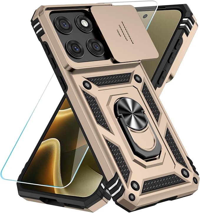SunStory Compatible with Motorola Moto Edge 2026 Case with HD Screen Protector & Slide Camera Cover & Rotated Ring Kickstand, [Military-Grade] Phone Case for Moto Edge 2026,Gold by SunStory