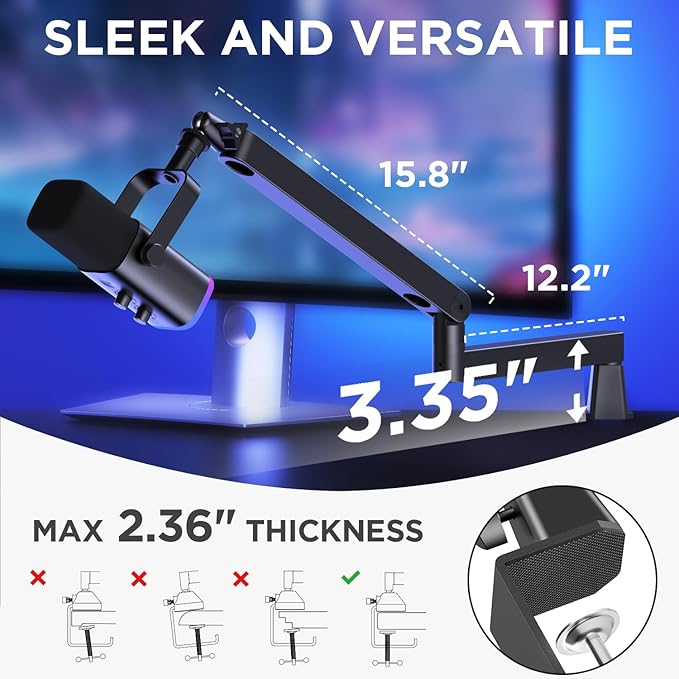 InnoGear Low Profile Mic Arm Boom Arm Microphone Stand Desk Mount, Black | for Fifine AM8 K669B Elgato Blue Yeti Shure SM58 SM7B, 3.3lb Weight Capacity, Vibration Resistant, Adjustable Angle - Image 5