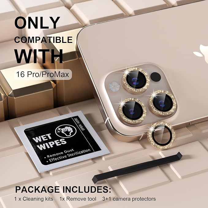 Misea Compatible for iPhone 16 Pro/iPhone 16 Pro Max Camera Lens Protector | 9H Tempered Glass Ultra HD Bling Camera Screen Protector Cover Metal Individual Ring Decoration Accessories, Gold Glitter - Image 2
