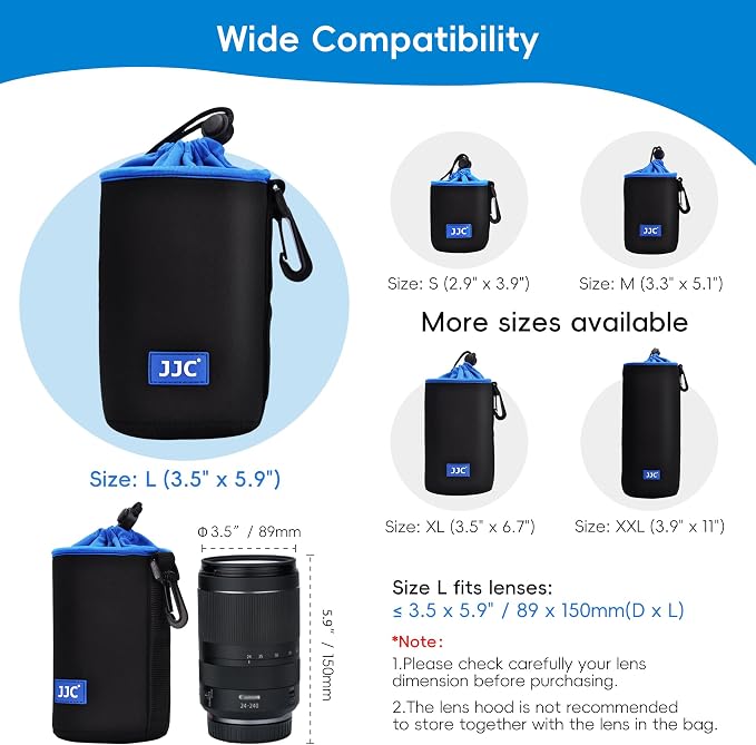 JJC Neoprene Camera Lens Pouch Case, Drawstring Bag for Lens up to 3.5x5.9" | Water-Resistant, Soft Padded, with Carabiner, Compatible with Canon RF 24-240mm, EF-S 18-55mm, Nikon 55-200mm - Image 3