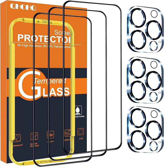QHOHQ for iPhone 16 Pro Max Screen Protector + Camera Lens Protector | 3+3 Pack, [Military Grade Shatterproof], Top 9H+ Tempered Glass, Full Edge Coverage, Ultra Durable, with Installation Tool by QHOHQ