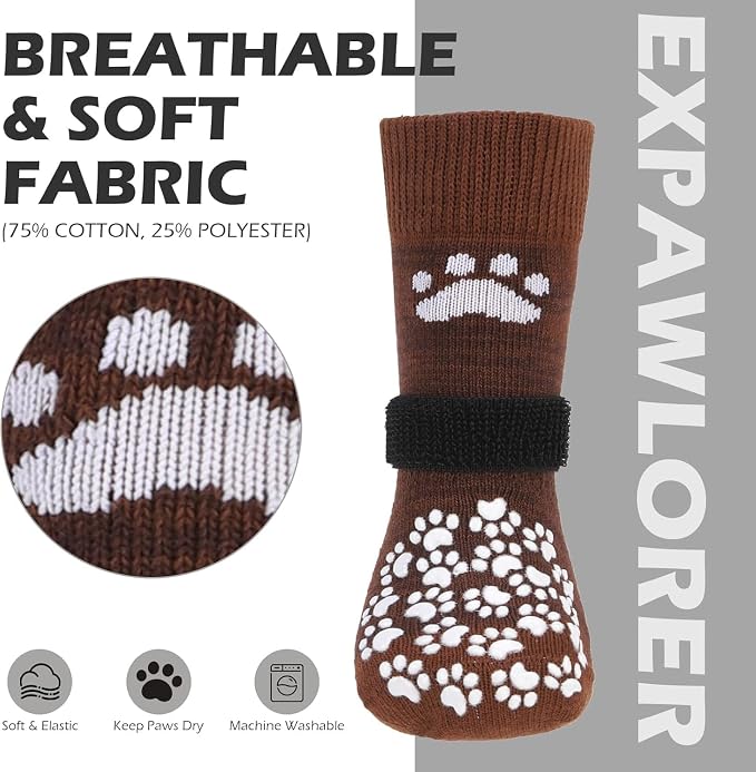 EXPAWLORER Anti Slip Dog Socks to Prevent Licking Paws, Dog Shoes for Hot Pavement, Dog Booties for Small Medium Large Senior Dogs, Traction Control Boots & Paw Protectors for Hardwood Floors Coffee - Image 4