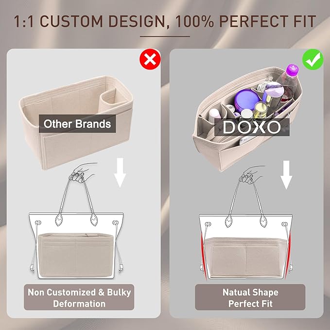 Doxo Purse Organizer Insert for Handbags & Base Shaper 2pc Set, Felt Neverfull MM Organizer Insert, Tote Bag Organizer with Zipper Pocket and Bottle Holder, Fit Speedy 30 Neverfull MM and More,Beige-L - Image 5