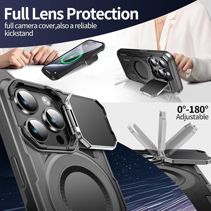 Camera Stand Case for iPhone 15 Pro, [Compatible with MagSafe] [Lens Cover] 2024 Version Military Grade Protective Soft Case for iPhone 15 Pro 6.1 inch Men Women, Black - Image 3