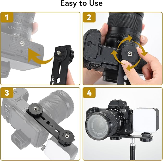 5 inch Flash Bracket with 1/4" Hot Shoe Mount, Black | Dual Camera Mount Flash Bracket Extension Bar with 1/4-3/8 Thread Hole Tripod Mount for Camera/LED Light/Microphone - Image 5