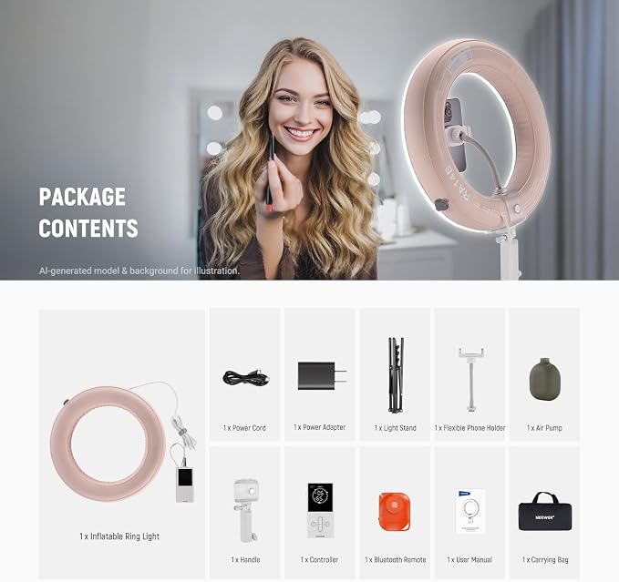 NEEWER 14" Inflatable Large Ring Light with Tripod Stand/Phone Holder/Remote, 35W Portable LED Ringlight 2900-6500K 2400lux CRI95+ for iPhone Selfie Streaming Video Recording Makeup Lash Studio, RA14B - Image 9