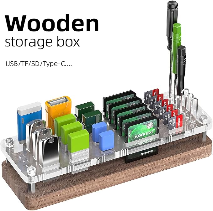 29 Slots Wooden Memory Card Case for Micro TF, USB Flash Drive, and SD Cards - Carrying Case With Screwdriver and Cell Phone Card Removal Pin Holder Desk-02MY - Image 3