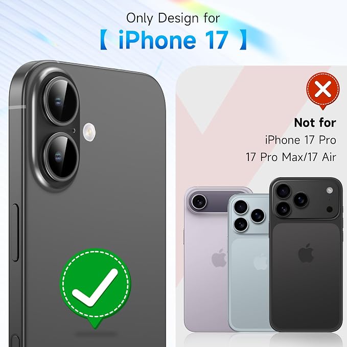 YWXTW Camera Lens Protector for iPhone 17, Individual Anti Scratch Metal Ring Tempered Glass Camera Screen Protector for iPhone 17 Accessories, Case Friendly (Black) - Image 2