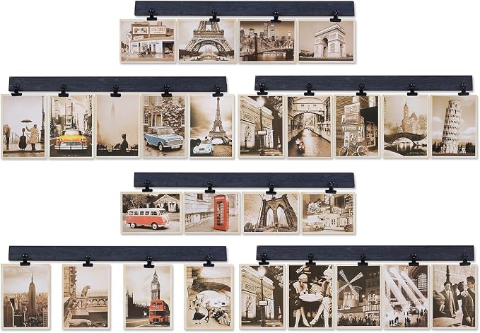 6 Picture Frames Collage Wall Decor With 30 Clips, Wood Photo Frame, No Drilling Required, Adhesive Stickers, Easy to Install, Black. by AIYOME