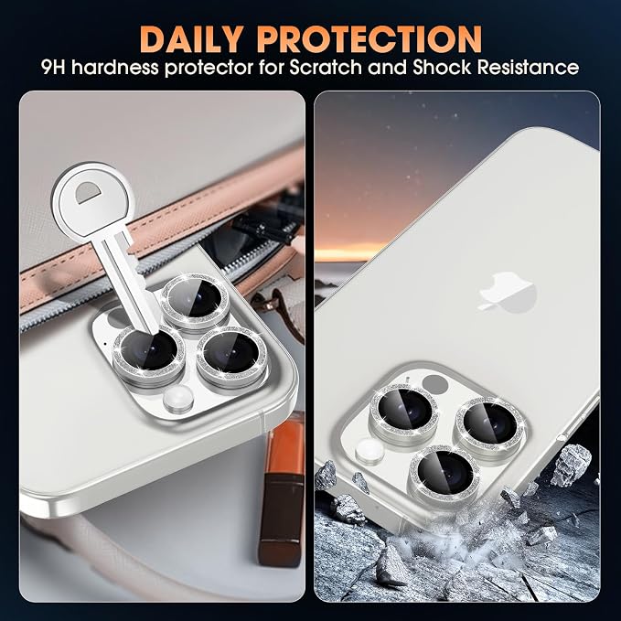 for iPhone 16 Pro/16 Pro Max Camera Lens Protector Glitter, Silver | Individual Metal, 9H Hardness, Scratch Resistant, Shockproof, Drop Protection, Case Friendly, Stylish Accessories - Image 2