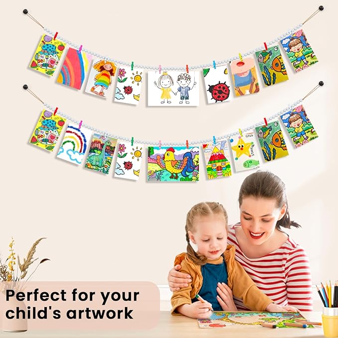 KLOGTSIND Hanging Photo Display with Clips, 3PCS Wood Bead Garland Banner | Photo String Banner with 10 Clips for Bedroom Room Dorm Cubicle, Picture Cards Artwork Display, Christmas Teen Girls Gifts - Image 6