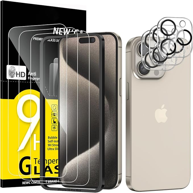 NEW'C 3x for iPhone 15 Pro Max Screen Protector (6.7 inches)+ 3x Camera Lens Protector, Sensor Protection, Case Friendly Tempered Glass Film + Dust Plug- Easy installation tool include by NEWC