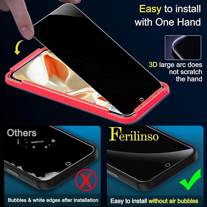 Ferilinso Privacy Screen Protector for Google Pixel 9 Pro, Tempered Glass | 3 Pack, 9H+ Hardness, Military-Grade Shatterproof, Case Friendly, Easy Installation Bubble Free, with Camera Lens Protectors - Image 4