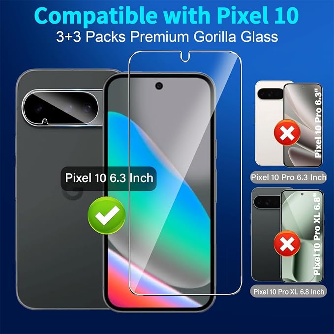 letosan 3 Pack for Google Pixel 10 Screen Protector Tempered Glass + 3 Pack Camera Lens Protector, Military Grade Shatterproof, 9H Hardness, Fingerprint Unlock,Case Friendly 6.3 Inch - Image 2