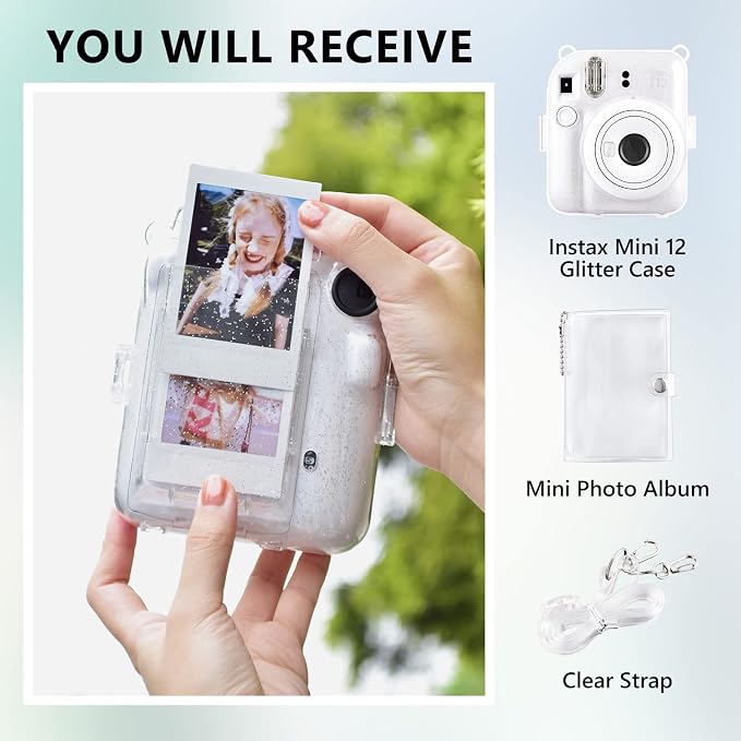 Rieibi Clear Case Compatible with Fuji Instax Mini 12 - Glitter Case Bag for Fujifilm Instax Mini 12 Instant Camera with Back Pocket, Strap and Photo Album - Glitter Clear - Image 2