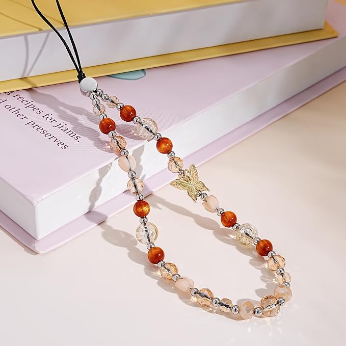 Cell Phone Charm Beaded Phone Wrist Strap Warm Tone Crystal Aesthetic Handmade Anti-Lost Chain Bracelet for iPhone Samsung All Smartphones Boho Fall Wristlet Women Girls Vintage Amber Gold Butterfly - Image 3