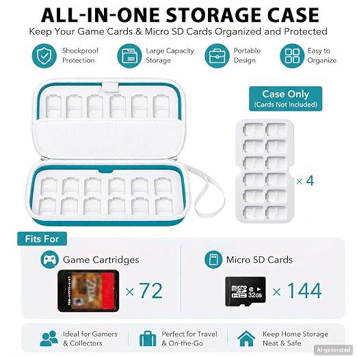 Game Card Case for Nintendo Switch, 72 Games and 144 MicroSD Cards, Cyan | Hard EVA Memory Card Organizer with Removable EVA-PVC Trays, Fitted Slots and Finger Grooves for Easier Browsing - Image 2