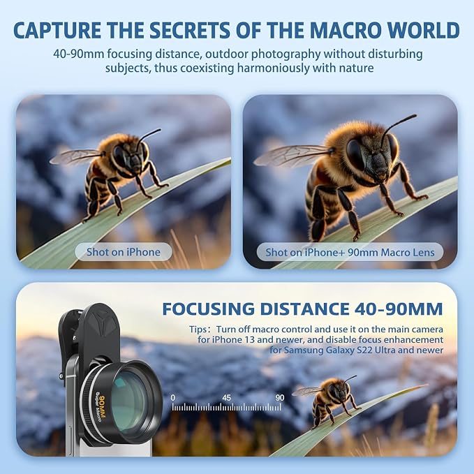 90mm Macro Lens for Smartphone, 10X Phone Lens for iPhone & Android | Clip-on Macro Lens Kit, F1.05 Aperture, 90mm Working Distance, 6-Element Glass, AR+AF Coating, Aluminum Housing - Image 3