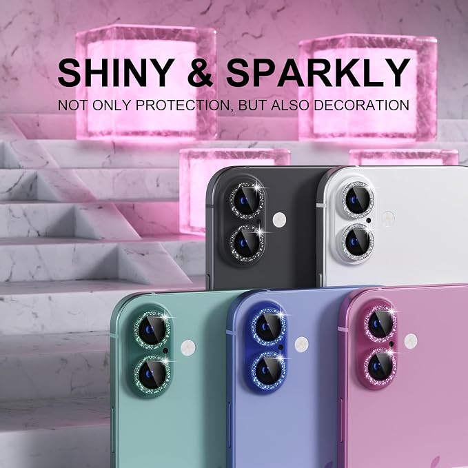 Choiche for iPhone 16/16 Plus Camera Lens Protector Bling, Glitter-Pink | Ultra HD, 9H Tempered Glass Camera Cover Screen Protector Metal Individual Ring Decoration Accessories, 2-Lens, 6.1/6.7-inch - Image 7