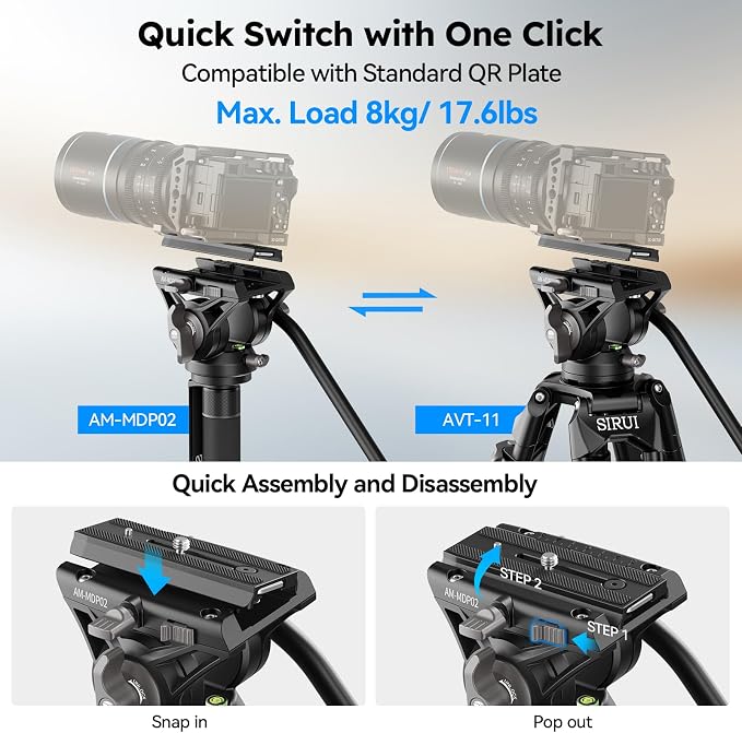 SIRUI AM-MDP02 Video Monopod with Feet, 74" Fluid Head, 8kg Load for DSLR | 74" Portable Video Monopod with Fluid Head, Stable Feet, Smooth Pan & Tilt, 8kg/17.6lb Load for DSLR Cameras and Camcorders - Image 4