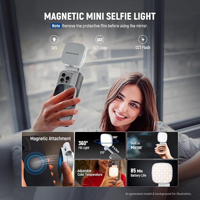 NEEWER Basics Magnetic Selfie Light Compatible with MagSafe iPhone, 2W CRI95+ Bi Color Swivel Small LED Phone Fill Lighting, 680lx/0.3m, Mirror for Vlog Recording Makeup Video Conference, NL45B White - Image 3