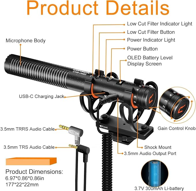 COMICA VM20 Professional Shotgun Microphone for iPhones, Androids, Cameras | Super Cardioid, 60H Working Time, OLED Display, 75/150HZ Low Cut Filters, Video Mic for Vlogging Film Interview Video Record - Image 9