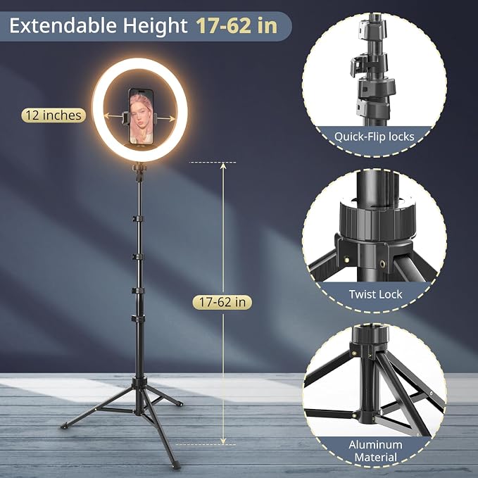 UBeesize 12" Ring Light with 62" Extendable Tripod Stand & Remote | LED Selfie Light with Phone Holder for Video Recording, Makeup, Content Creation, YouTube, TikTok, Twitch, Camera & Webcam - Image 3