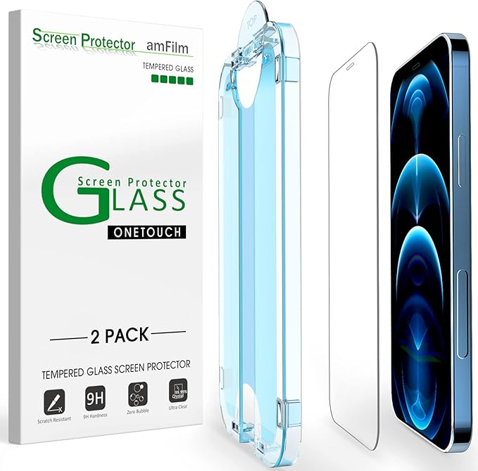 amFiIm OneTouch for iPhone 12 Pro Max Screen Protector 6.7" Tempered Glass | Auto-Alignment, 30s Install, Bubble Free, 9H Hardness, Scratch & Drop Protection, HD Clear, Case Friendly, 2 Pack (12P-6.7'') by amFilm