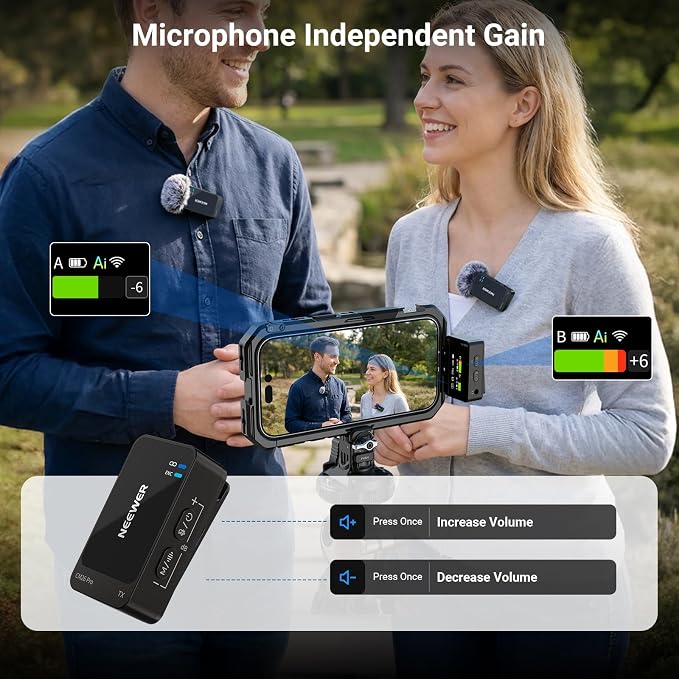 NEEWER CM26 Pro AI Wireless Microphone Compatible with iPhone Android Phone Camera PC, Lavalier Lapel Mic DSP/MCU Noise Cancellation Mute Gain Low Cut 48KHz/24Bit 88dB SNR 50H Battery 100m Range - Image 3