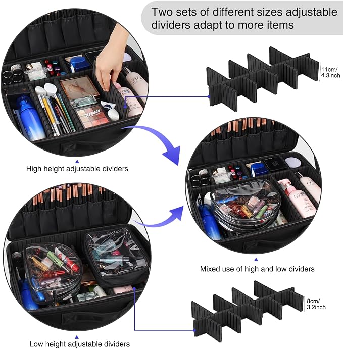 Relavel Extra Large Makeup Case, Makeup Artist Set Bag Professional Cosmetic Organizer Bag Storage Box with Makeup Brush Holder, Adjustable Dividers and Shoulder Strap, Black - Image 3