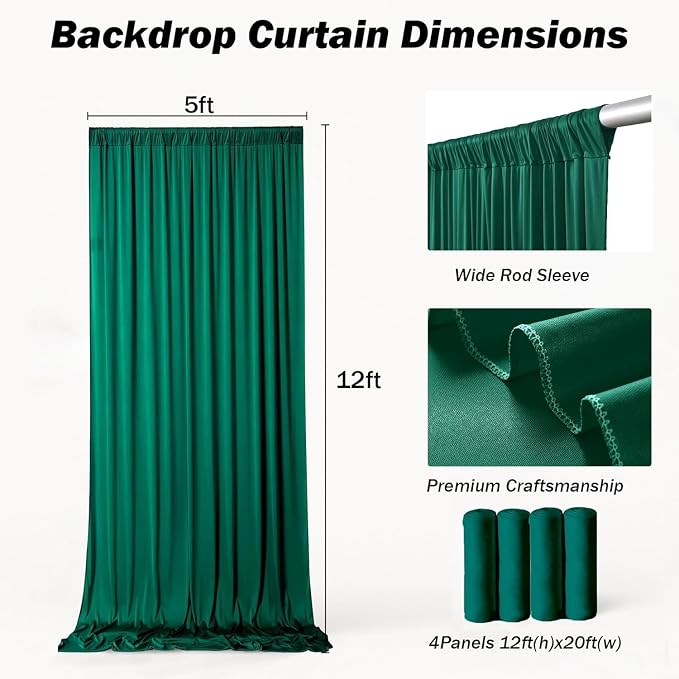20x12 ft Forest Green Backdrop Curtains for Weddings, Birthdays and Photos | 4 Panels 5x12 ft, Wrinkle-Free Polyester Drapes, Washable, Ironable, 4 in Rod Pocket for Baby Showers Photography Background - Image 6
