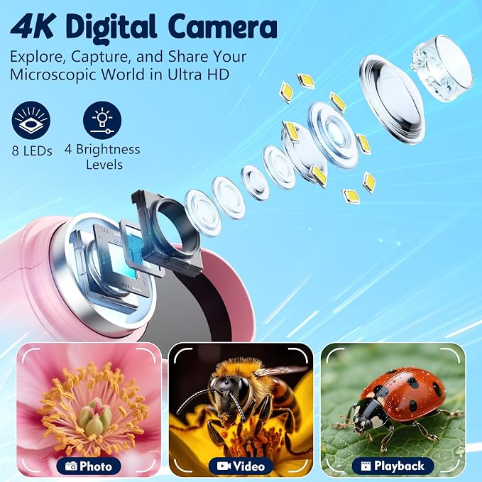 Odatay 4K 1000X Digital Microscope for Kids with Long Distance Viewing & 2.4" Screen, Portable Handheld Edu Toys for Kids Exploring Bugs Plants at Home Classroom & Outdoor Travel, Bright Pink - Image 3