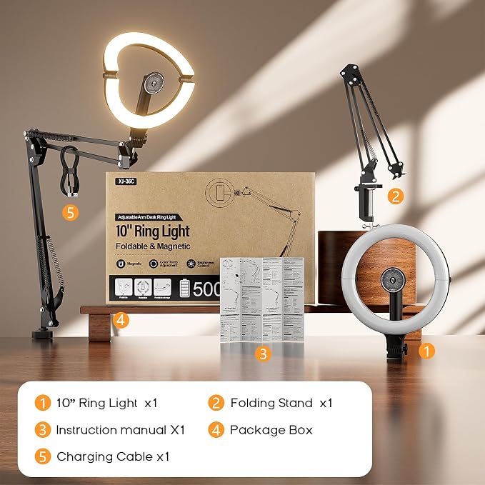 10" Magnetic Ring Light Overhead Camera Phone Mount, XINBAOHONG LED Selfie Light with Stand and Phone Holder, Rechargeable Desk Light for Video Recording - Image 7