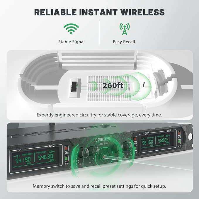 Phenyx Pro 4-Ch UHF Fixed Frequency Wireless Microphone PTU-5000-2H2B | 2 Handheld Mics, 2 Bodypacks, Headset/Lapel Mics, Metal Build, 260 ft Range, Church Services, DJ Sets - Image 6