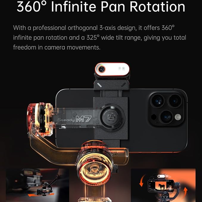 Hohem iSteady M7 Gimbal Stabilizer for Smartphone, 3-Axis Phone Gimbal, Gimbal Stabilizer for iPhone & Android, AI Tracking Sensor with Fill Light, 1.4" Detachable Touchscreen Remote Control - Image 5